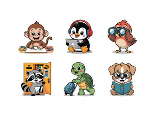 Adorable school-themed animal illustrations, featuring animals in backpacks, school desks, and classrooms, perfect for kids' designs