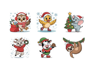Charming Christmas themed animal characters, from gift giving to snowball fights, perfect for kids’ holiday projects and decorations