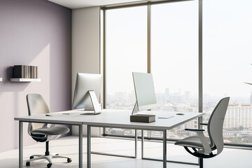 Modern empty office interior with large windows, two desks, and computers in a high-rise building overlooking the city skyline. 3D Rendering