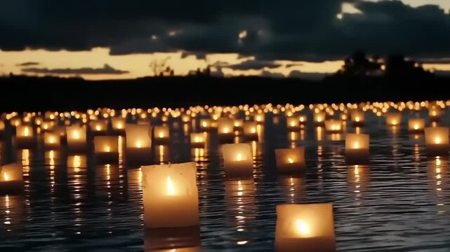 Many paper lanterns floating on water at dusk