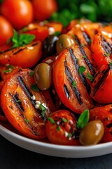 Enjoy grilled tomato platter with Mediterranean flavors featuring olives and feta cheese for a fresh summer meal