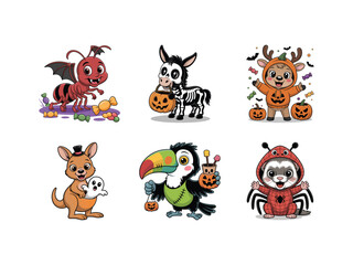 Cute and spooky Halloween animals in fun costumes, from witches to pumpkins, ideal for children's Halloween projects