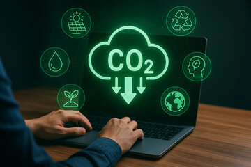 User interacts with a holographic co2 reduction interface on a laptop, displaying symbols of solar energy, recycling, and sustainable environmental solutions for a cleaner planet