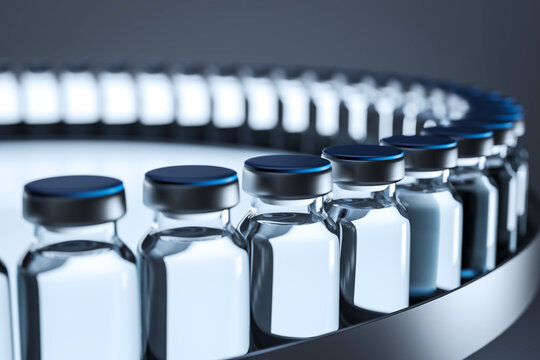 Vaccine vials on automated production line in pharmaceutical factory under modern lighting for medical manufacturing and scientific development concept. 3D Rendering