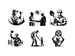 Line art celebrating the labor industry with engineers, business agreements, and proud construction workers