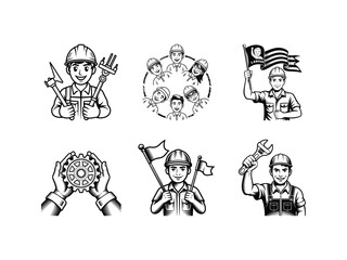 Fototapeta premium Line art designs symbolizing labor pride and industrial teamwork with workers, gears, flags, and tools