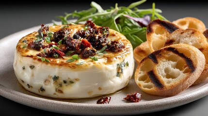 Cured goat cheese served with grilled bread and arugula on a rustic plate against a gray background