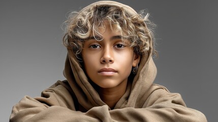Confident Middle Eastern teen boy poses in casual hoodie with sandy hair against a neutral background during a studio shoot