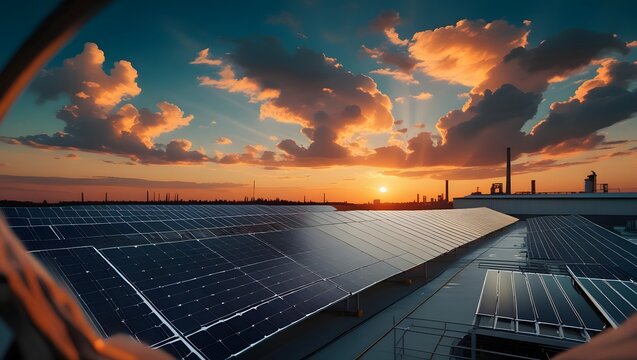 Rooftop solar panels at sunset with dramatic clouds, symbolizing renewable clean energy.