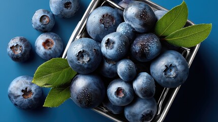 Fresh blueberries in a container on a vibrant blue background ready for delicious recipes and healthy snacks