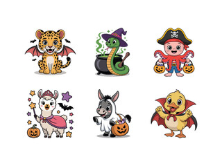 Playful and spooky animal characters dressed up for Halloween, perfect for kid-friendly Halloween projects and decorations