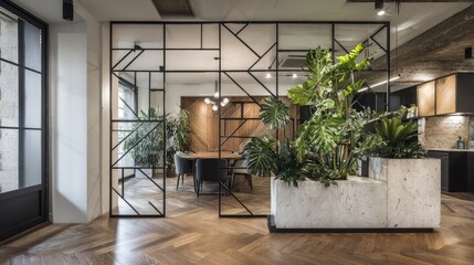 Contemporary steel frame partition with geometric shapes dividing a dining space in a modern urban home