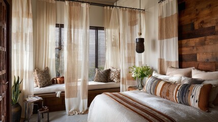 Cozy bedroom with a fabric curtain partition to separate a small reading nook, adding privacy and a soft decorative touch