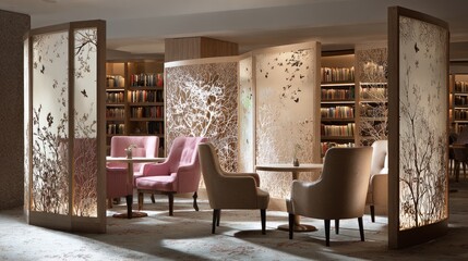 Cozy corner reading nook divided by a stylish MDF panel partition with creative laser-cut designs