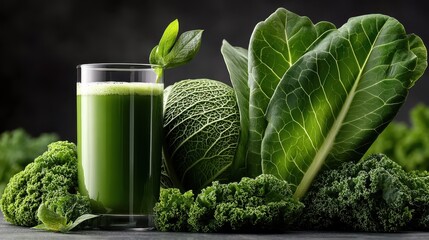 Refreshing green kale juice smoothie with fresh kale leaves on a gray background garnished with vibrant greens for healthy living