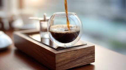 Dripper slowly dripping aromatic coffee into a clear glass placed underneath on a wooden tray