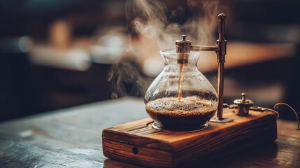 Dripper slowly dripping aromatic coffee into a clear glass placed underneath on a wooden tray
