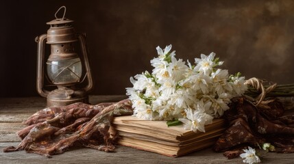 Earth-tone tablecloth on a wooden table with a simple white flower bouquet beside a small reading lamp