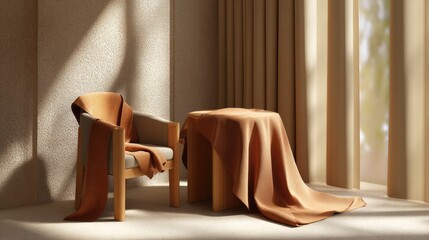 Earth-tone tablecloth draped neatly over a small square table beside a cozy armchair with sunlight filtering through