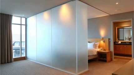 Elegant frosted glass permanent partition in a bedroom suite, dividing sleeping and dressing areas