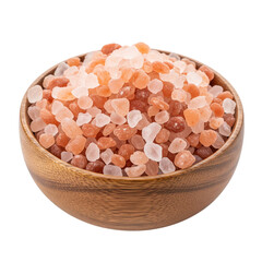 Himalayan pink salt crystals in wooden bowl, isolated on white background Generative Ai.