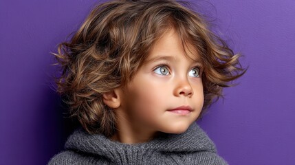 Cute boy with curly hair posing and looking thoughtfully against a vibrant purple background