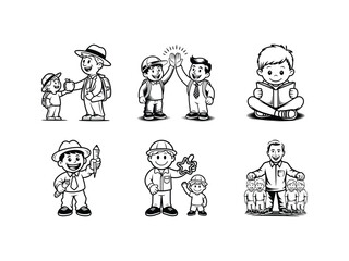 Naklejka premium Set of positive school-themed silhouettes showing student and teacher interaction, high-fives, and learning