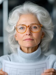 Experienced female engineer with glasses carefully examines a blueprint in a professional setting