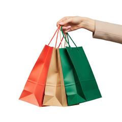 Close-up of female hand carrying three paper shopping bags, transparent background Generative Ai.