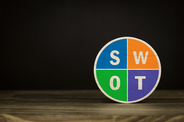 Word SWOT on circle wood plank.  concepts of business and education for analysis and search of the strengths, weaknesses, opportunities, and threats of the organization with marketing.