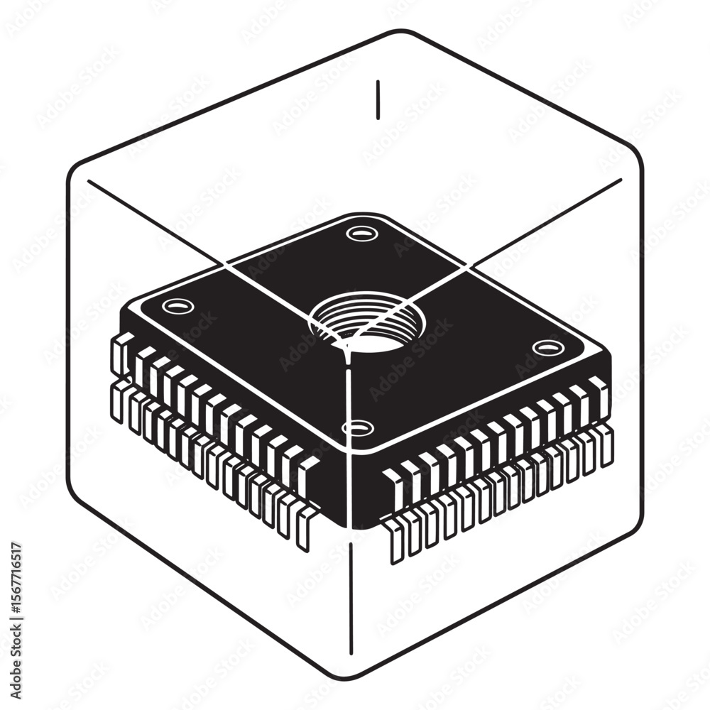 Poster vector illustration of a computer chip module inside a transparent cubic form for technology concept