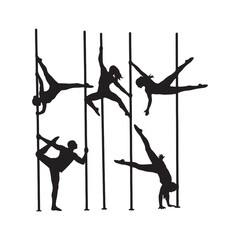 Five Silhouettes of People Performing Pole Fitness Exercises on Vertical Poles Against a White Background Black and White Athletic Poses Strength and Flexibility
