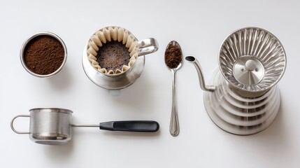 Simple coffee brewing set on a white table, highlighting the process of hand drip coffee