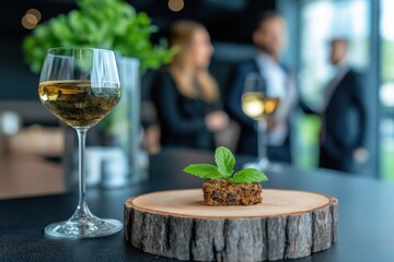 Networking event showcases modern design with gourmet cuisine and professionals engaging in conversation