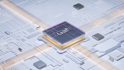 Digital art showcasing futuristic GaN semiconductor chip integrated with microelectronics on circuit board
