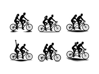 Fototapeta premium Silhouettes of a couple riding a tandem bicycle together representing partnership, teamwork, and an active lifestyle