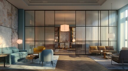 Stylish metal and frosted glass partition between a hallway and an open plan living area