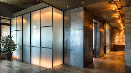 Stylish metal and frosted glass partition between a hallway and an open plan living area