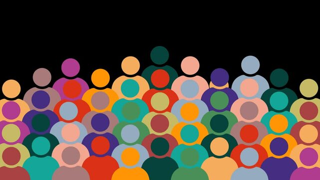 Crowd of diverse abstract people silhouettes on transparant background with alpha channel. Multiracial crowd. Workers group, community in parade or in protest. Animated loop for presentation, event