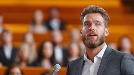 Focused executive presents strategies for business growth in a conference setting with engaged audience