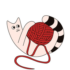 Cat with ball of thread. Vector illustration of cute Whimsical cat with red ball of thread isolated transparent background. Ideal t-shirt print kids wall card poster cover design. EPS 10