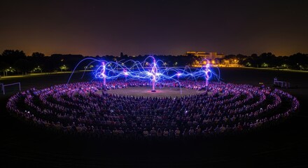 Nighttime light art display at outdoor event with large crowd and vivid colors