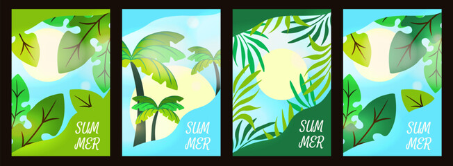 Summer. Modern Summer poster cover. Vector illustration palm tree palm leaves sun blue sky on contemporary background. Ideal room interior wall art postage stamp greeting card cover . EPS 10