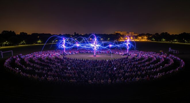Nighttime light art display at outdoor event with large crowd and vivid colors