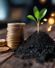 Investment success represented by growing plant and coins symbolizing wealth accumulation and financial growth