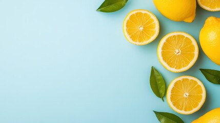 Top view of fresh whole and sliced lemons with green leaves on pale blue pastel background, minimal citrus composition with clean layout and space for informative text