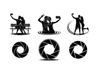 Silhouettes of happy couples taking selfies on a date, combined with camera shutter aperture logo designs