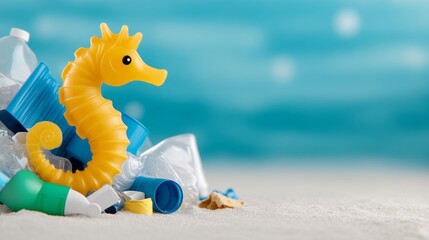 A fragile seahorse drifting next to floating plastic debris, symbolizing ocean pollution, captured with negative space for text on the right