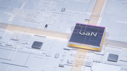 Digital art showcasing futuristic GaN semiconductor chip integrated with microelectronics on circuit board