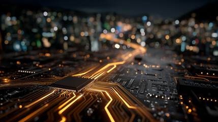 City Circuit Board: A motherboard glows with electric potential, mirroring the vibrant cityscape in the background, embodying the interconnectedness of technology and urban life.